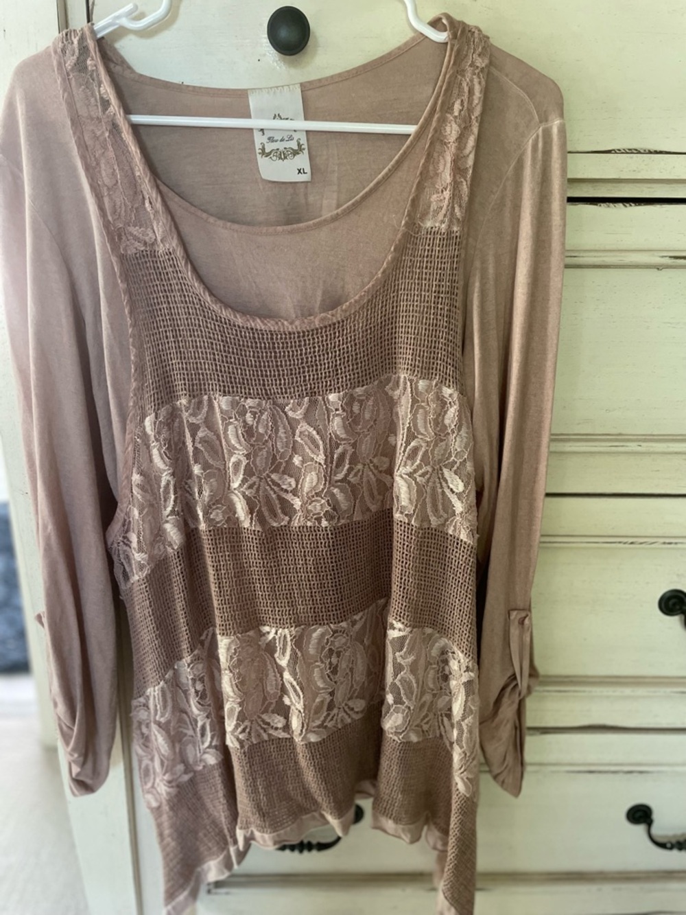 Fleur de Lis Dusty Rose Pink Shirt Lace Cottage Core Cotton Feminine Top, XL